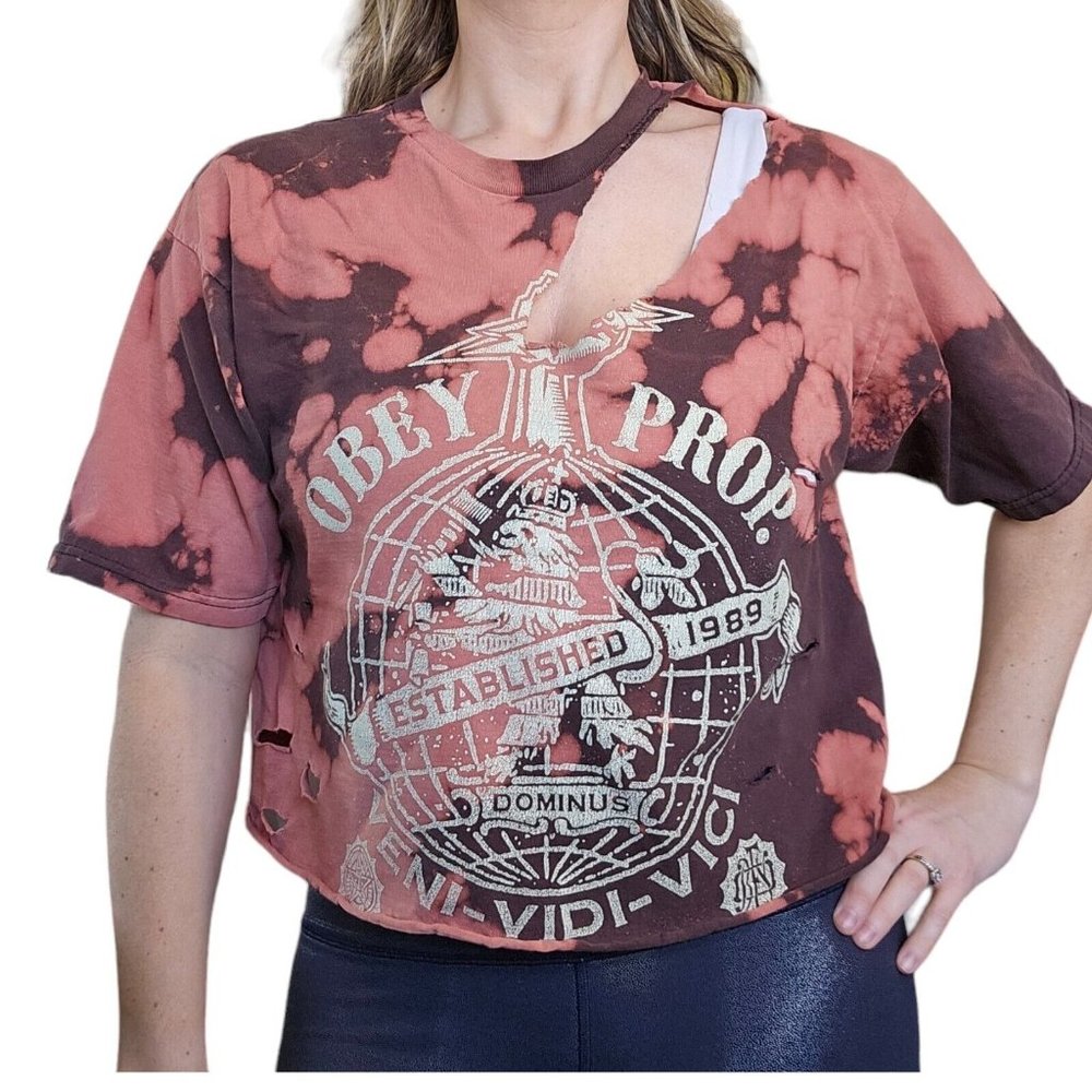 Y2K Obey Bleached Thrashed Distressed Graphic Tshirt Cropped Large Grunge